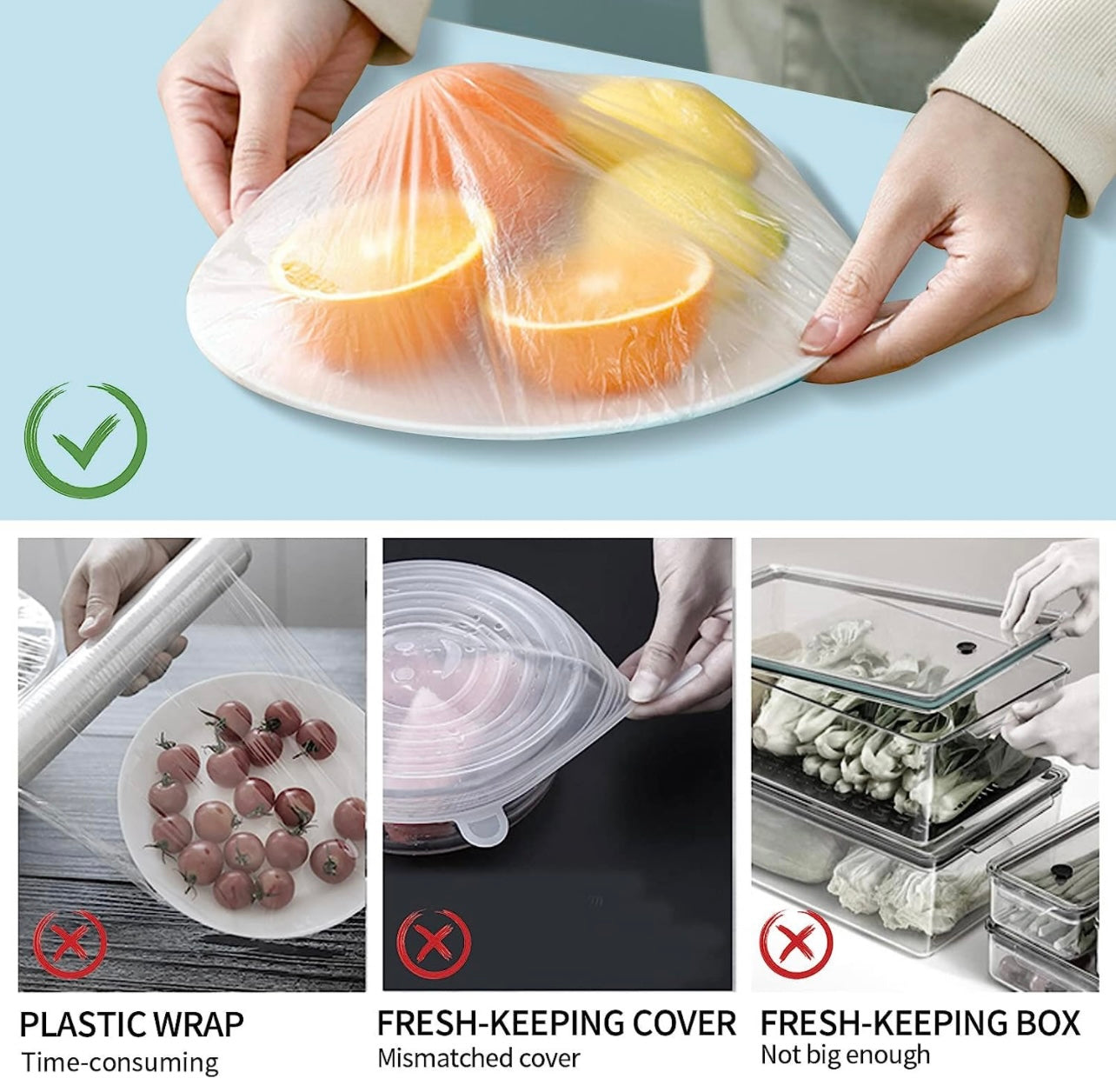 Disposable Plastic Wrap Food Covers: Elastic food lids for plates, fruit bowls etc. that eliminates the hassle of plastic wrap rolls when it comes to storage and plate saving.