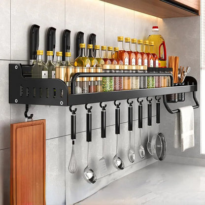 Wall-mounted Kitchen Shelf/Spice Storage Rack: With its integrated design, this above-the-counter shelf efficiently accommodates various items like dishes, wine glasses, spices, cutting boards, and much more!
