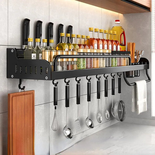 Wall-mounted Kitchen Shelf/Spice Storage Rack: With its integrated design, this above-the-counter shelf efficiently accommodates various items like dishes, wine glasses, spices, cutting boards, and much more!